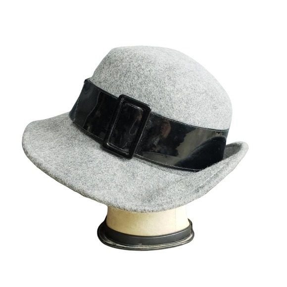 Nine West Accessories - Nine West Wool Hat Cloche Dress Hat Gray w Black Faux Patent Leather Band